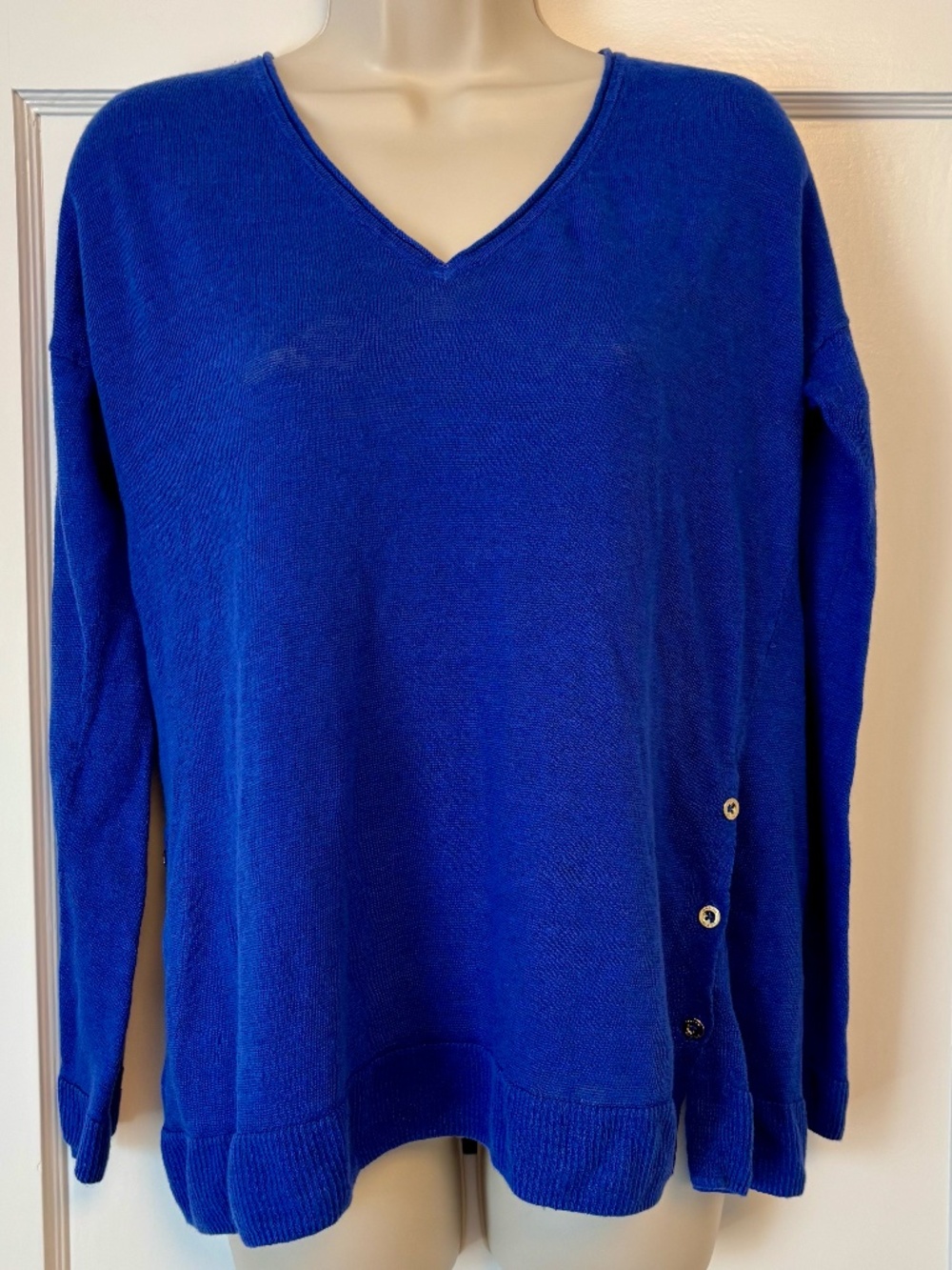 Lilly Pulitzer Liesel Sweater Royal Blue 100% Linen V-Neck Side Button L
